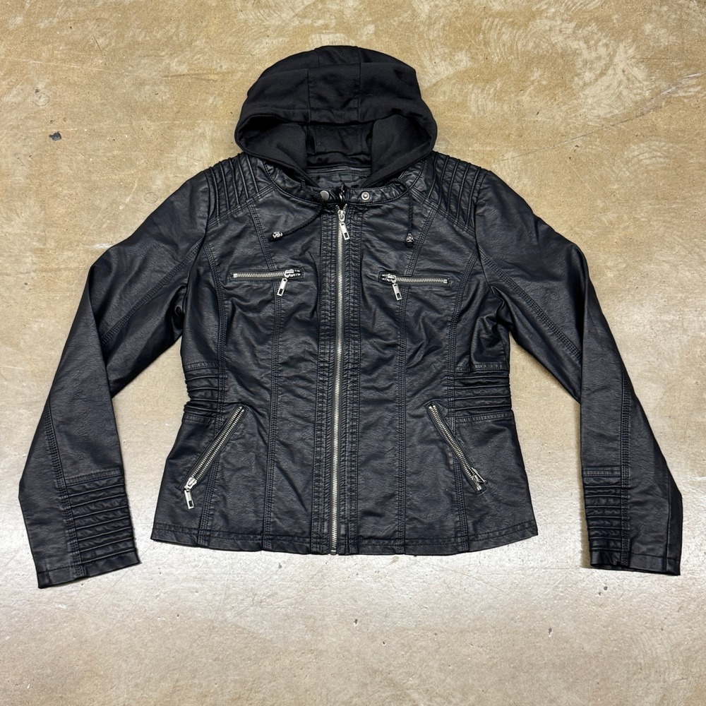 Size Large - Black Faux Leather Moto Jacket with Hood